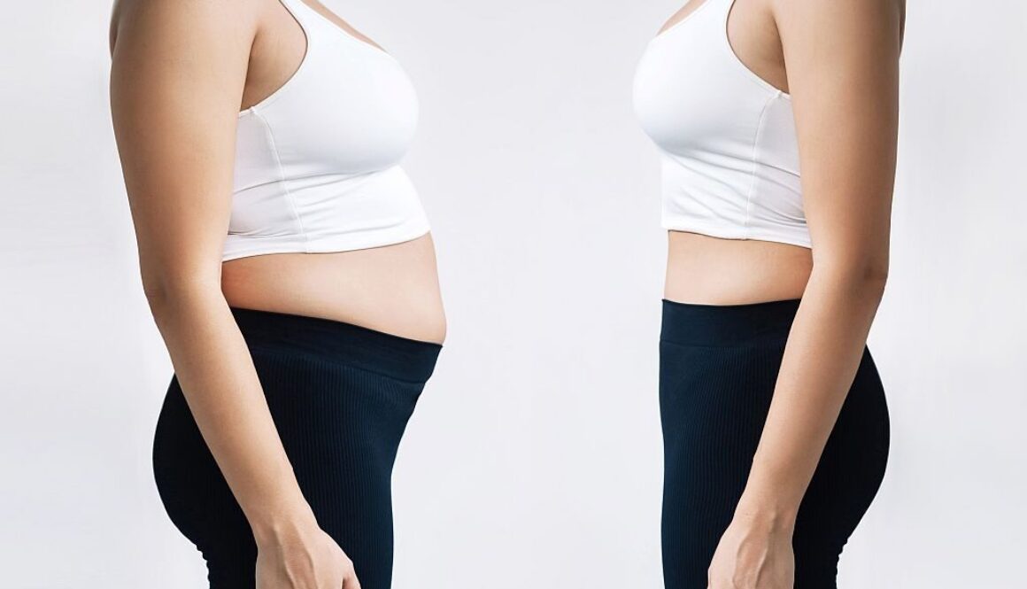 Woman in profile with a belly with excess fat and toned slim stomach before and after losing weight on gray background. Result of diet, liposuction, training. Getting rid of overweight. Comparison