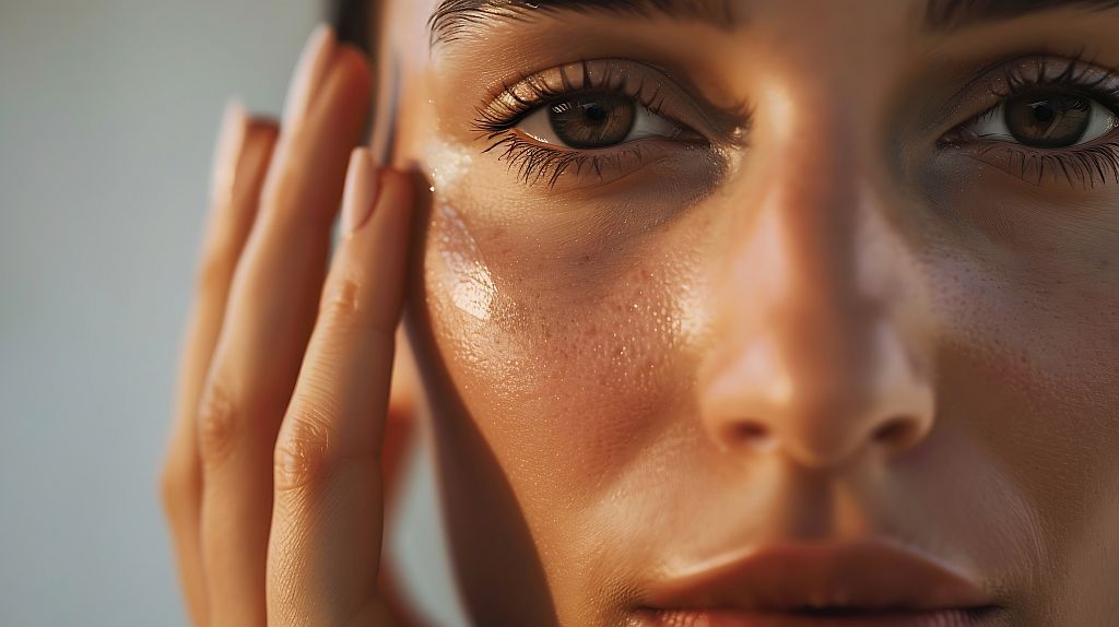 Woman portrait and clear skincare in closeup healthy and nails for beauty or wellness Female person cosmetics and touch soft or smooth skin facial treatment and manicure for dermatolog : Generative AI