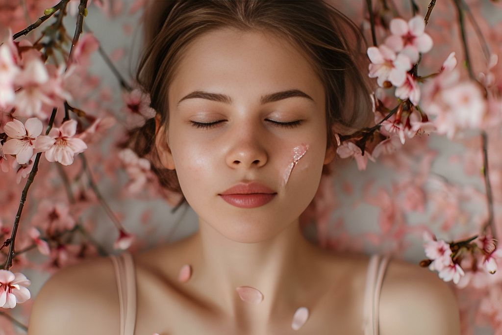 Kobieta odpoczywająca wśród płatków wiśni